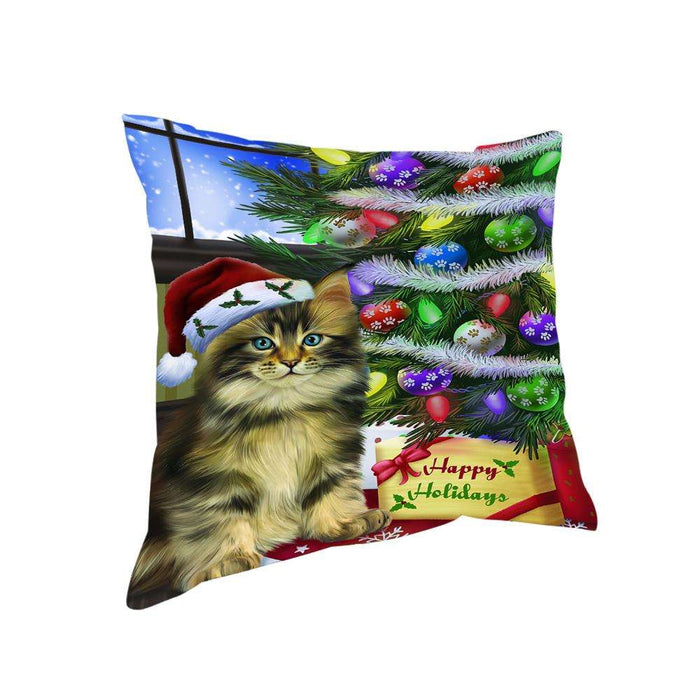 Christmas Happy Holidays Maine Coon Cat with Tree and Presents Pillow PIL70476