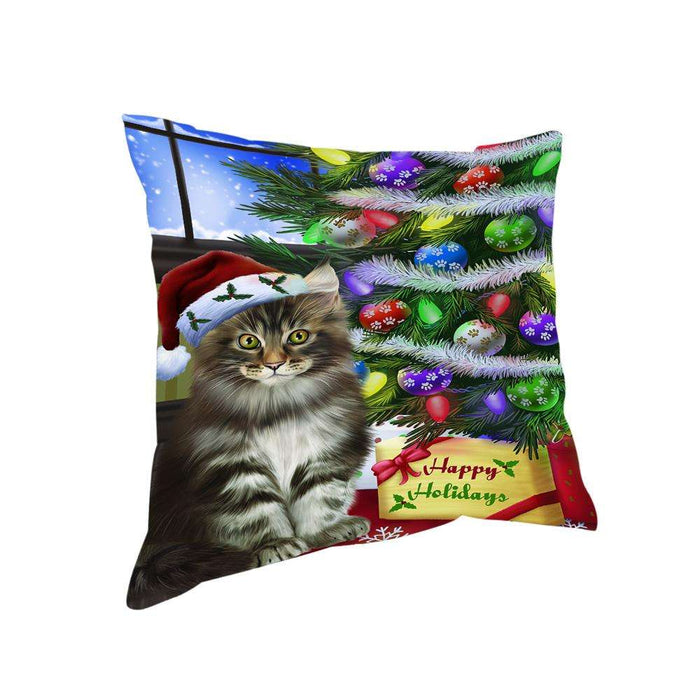 Christmas Happy Holidays Maine Coon Cat with Tree and Presents Pillow PIL70480