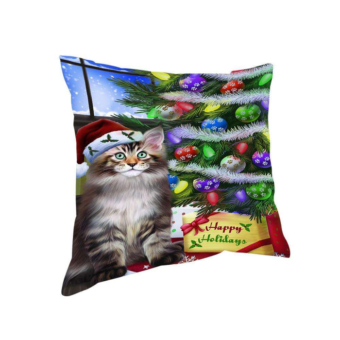 Christmas Happy Holidays Maine Coon Cat with Tree and Presents Pillow PIL70484