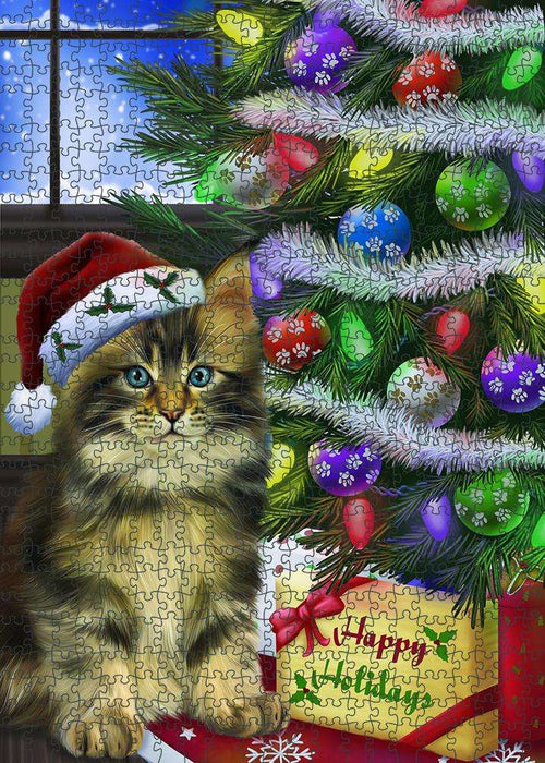 Christmas Happy Holidays Maine Coon Cat with Tree and Presents Puzzle with Photo Tin PUZL81008