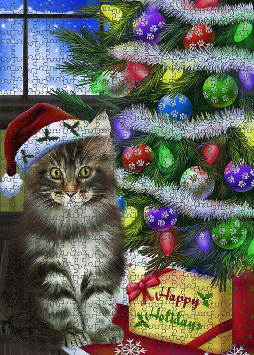 Christmas Happy Holidays Maine Coon Cat with Tree and Presents Puzzle with Photo Tin PUZL81012