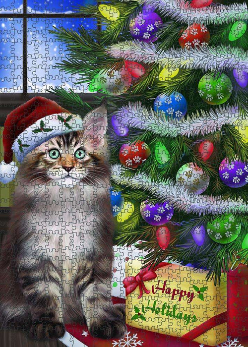 Christmas Happy Holidays Maine Coon Cat with Tree and Presents Puzzle with Photo Tin PUZL81016