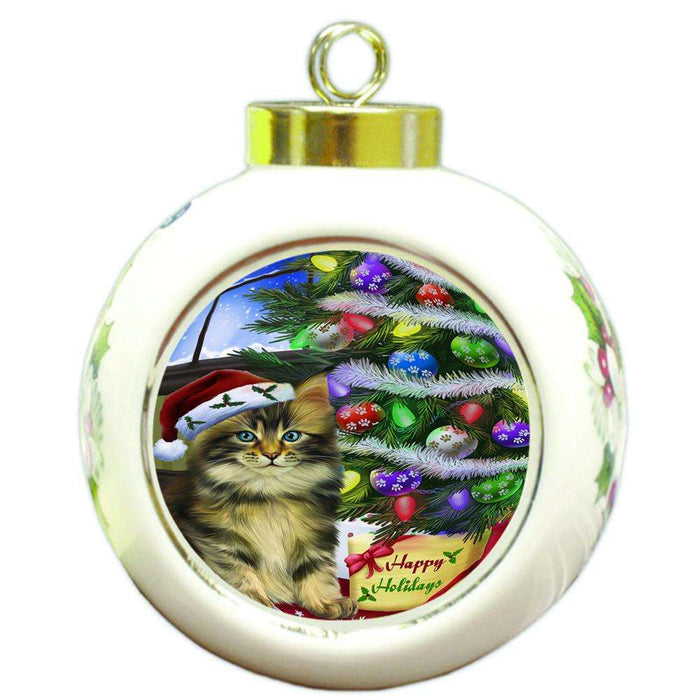 Christmas Happy Holidays Maine Coon Cat with Tree and Presents Round Ball Christmas Ornament RBPOR53463