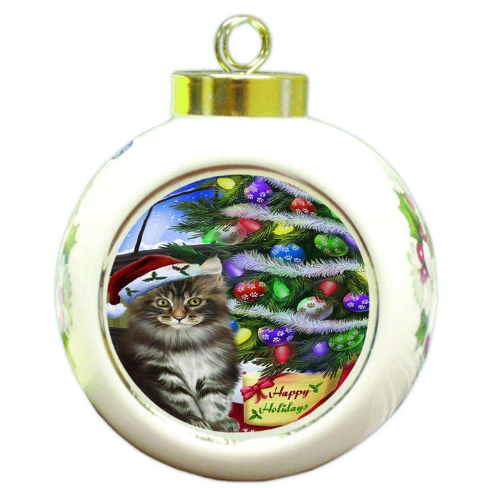 Christmas Happy Holidays Maine Coon Cat with Tree and Presents Round Ball Christmas Ornament RBPOR53464