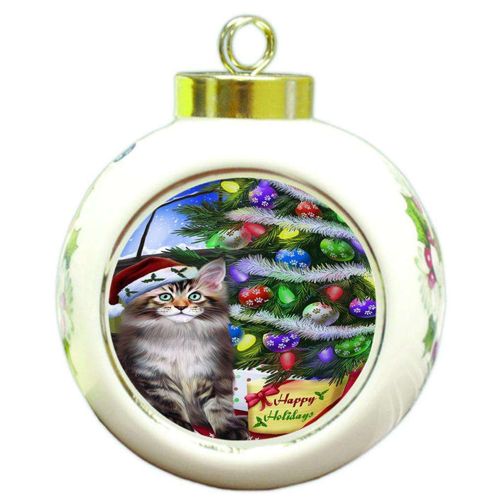 Christmas Happy Holidays Maine Coon Cat with Tree and Presents Round Ball Christmas Ornament RBPOR53465