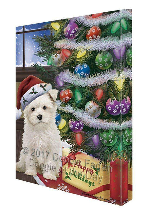 Christmas Happy Holidays Maltese Dog with Tree and Presents Canvas Wall Art (8x10)