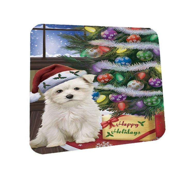 Christmas Happy Holidays Maltese Dog with Tree and Presents Coasters Set of 4