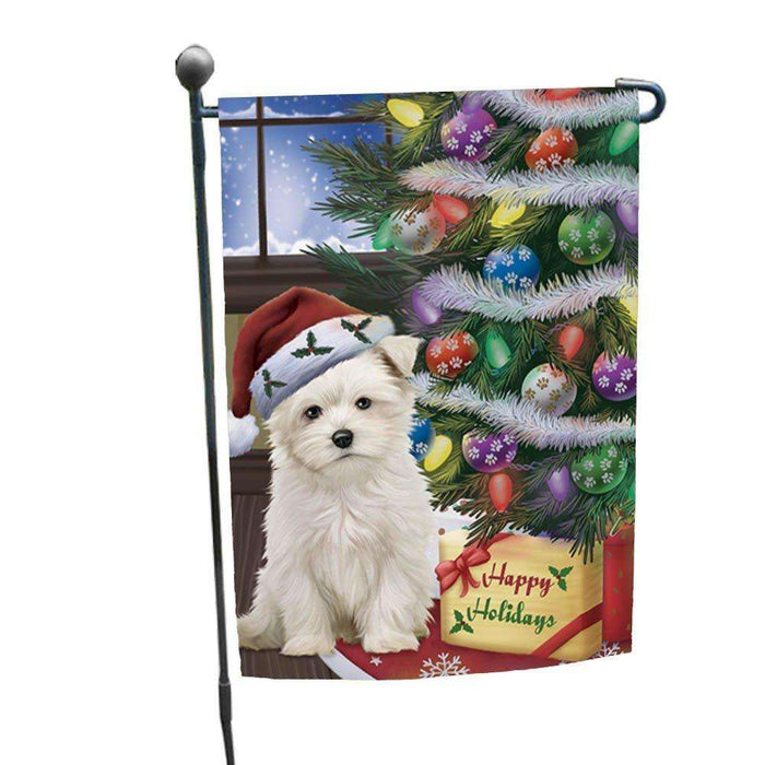 Christmas Happy Holidays Maltese Dog with Tree and Presents Garden Flag