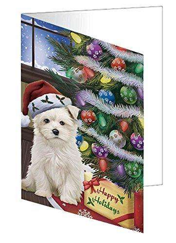 Christmas Happy Holidays Maltese Dog with Tree and Presents Handmade Artwork Assorted Pets Greeting Cards and Note Cards with Envelopes for All Occasions and Holiday Seasons