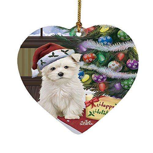 Christmas Happy Holidays Maltese Dog with Tree and Presents Heart Ornament
