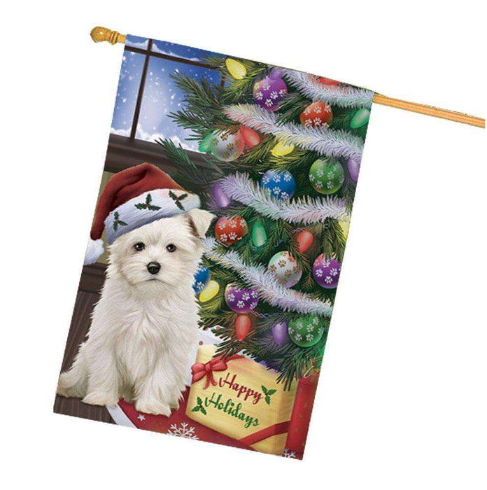 Christmas Happy Holidays Maltese Dog with Tree and Presents House Flag