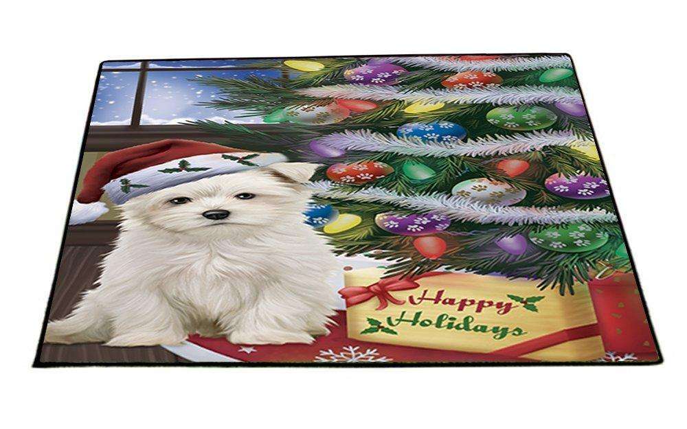 Christmas Happy Holidays Maltese Dog with Tree and Presents Indoor/Outdoor Floormat
