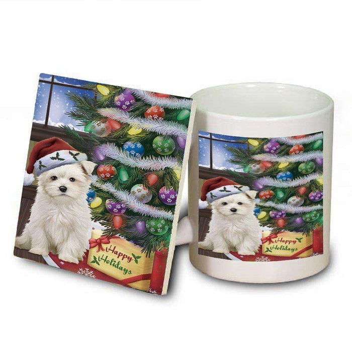 Christmas Happy Holidays Maltese Dog with Tree and Presents Mug and Coaster Set