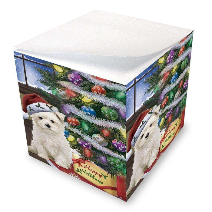 Christmas Happy Holidays Maltese Dog with Tree and Presents Note Cube