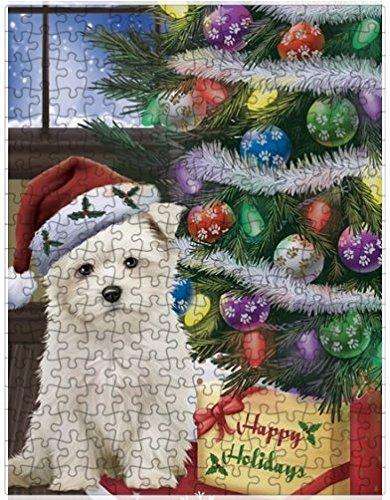 Christmas Happy Holidays Maltese Dog with Tree and Presents Puzzle with Photo Tin