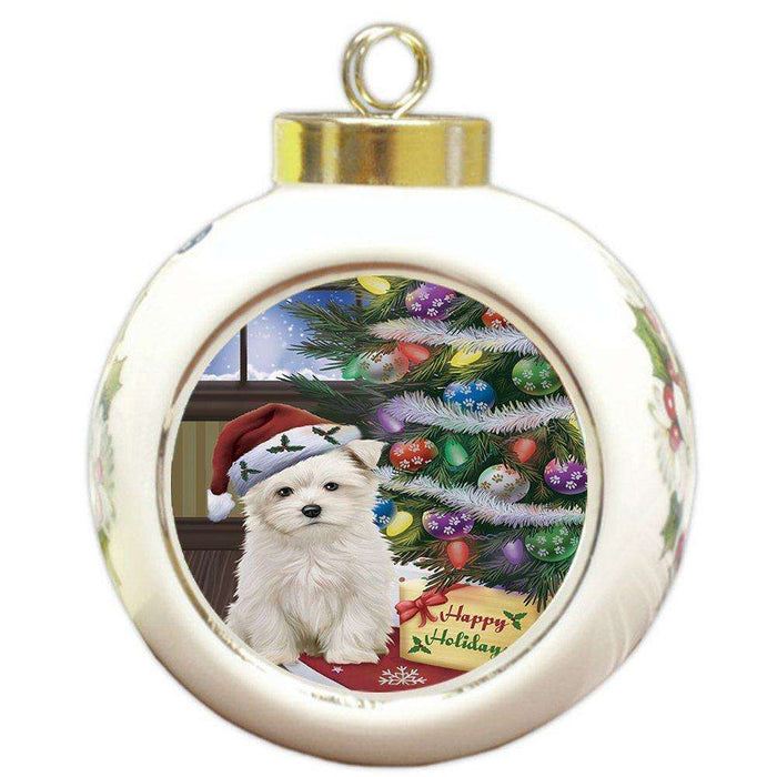 Christmas Happy Holidays Maltese Dog with Tree and Presents Round Ball Ornament