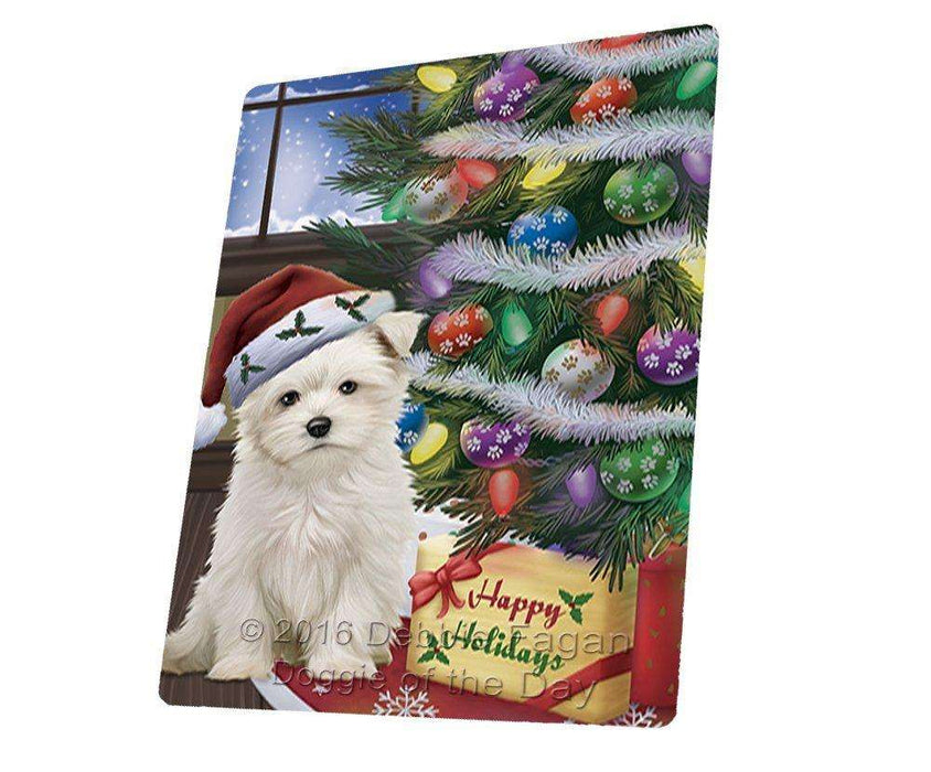 Christmas Happy Holidays Maltese Dog with Tree and Presents Tempered Cutting Board