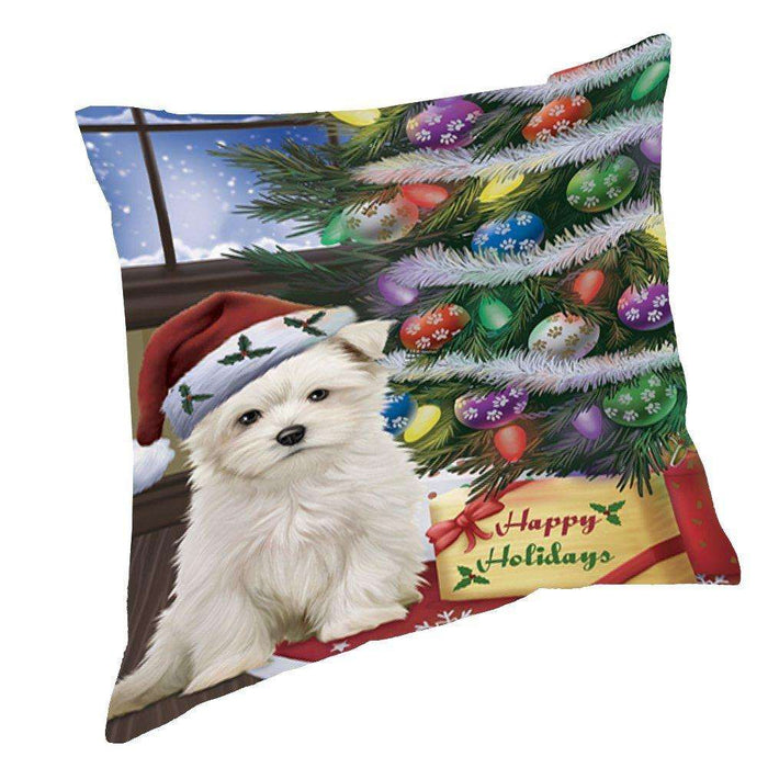 Christmas Happy Holidays Maltese Dog with Tree and Presents Throw Pillow