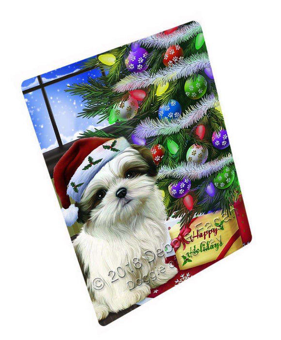 Christmas Happy Holidays Malti Tzu Dog with Tree and Presents Blanket BLNKT98544