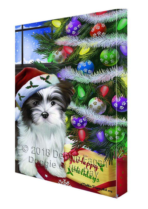 Christmas Happy Holidays Malti Tzu Dog with Tree and Presents Canvas Print Wall Art Décor CVS99044