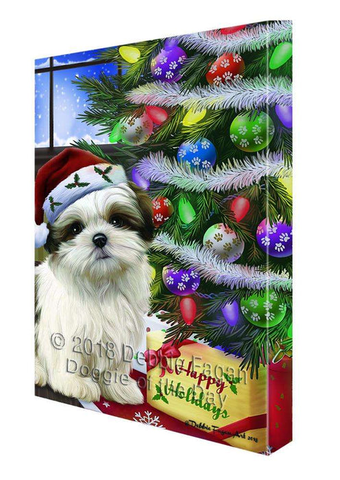 Christmas Happy Holidays Malti Tzu Dog with Tree and Presents Canvas Print Wall Art Décor CVS99053
