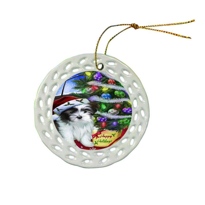 Christmas Happy Holidays Malti Tzu Dog with Tree and Presents Ceramic Doily Ornament DPOR53466