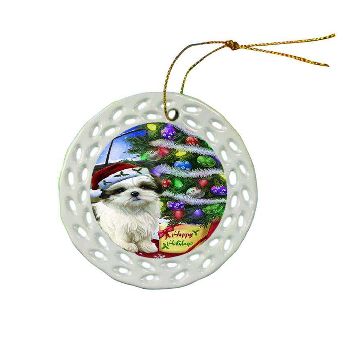 Christmas Happy Holidays Malti Tzu Dog with Tree and Presents Ceramic Doily Ornament DPOR53467