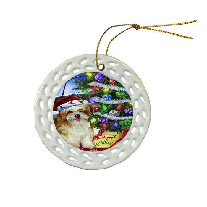 Christmas Happy Holidays Malti Tzu Dog with Tree and Presents Ceramic Doily Ornament DPOR53468