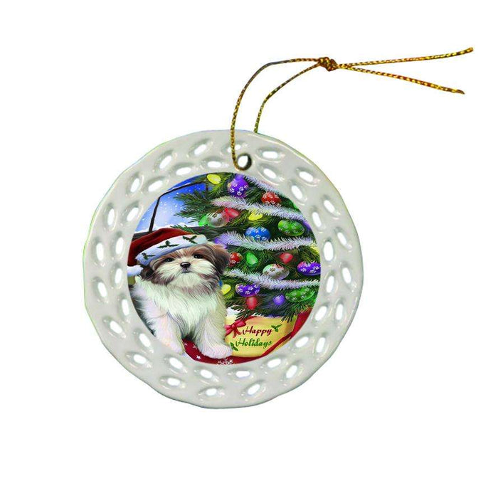Christmas Happy Holidays Malti Tzu Dog with Tree and Presents Ceramic Doily Ornament DPOR53469