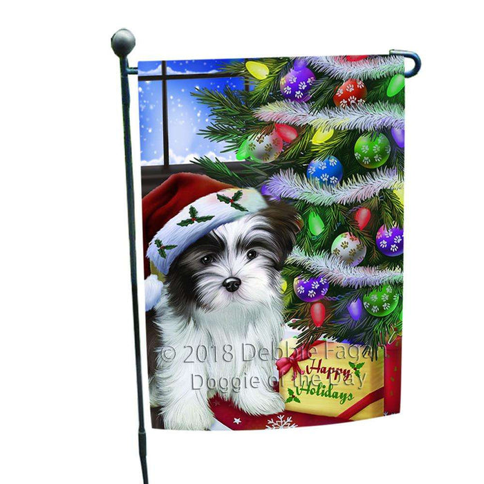 Christmas Happy Holidays Malti Tzu Dog with Tree and Presents Garden Flag GFLG53528