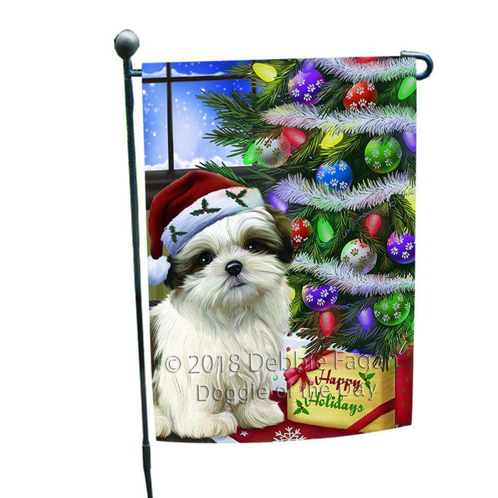 Christmas Happy Holidays Malti Tzu Dog with Tree and Presents Garden Flag GFLG53529