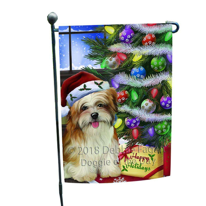 Christmas Happy Holidays Malti Tzu Dog with Tree and Presents Garden Flag GFLG53530
