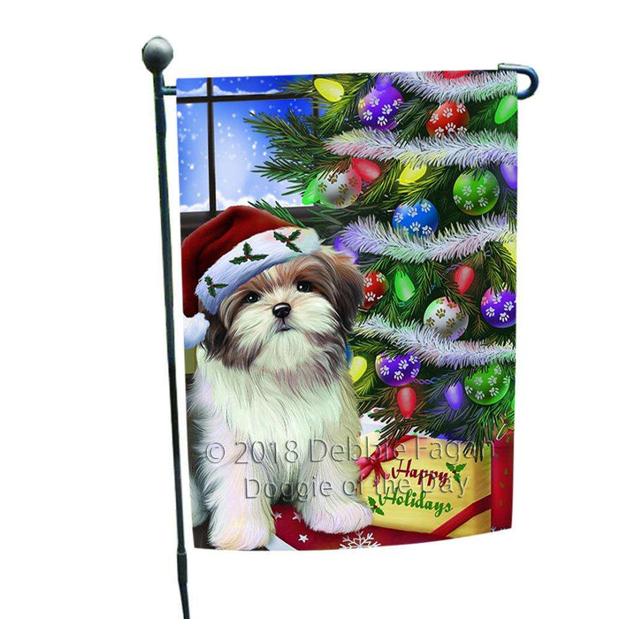 Christmas Happy Holidays Malti Tzu Dog with Tree and Presents Garden Flag GFLG53531