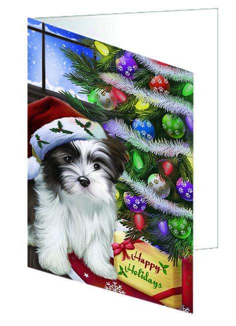 Christmas Happy Holidays Malti Tzu Dog with Tree and Presents Handmade Artwork Assorted Pets Greeting Cards and Note Cards with Envelopes for All Occasions and Holiday Seasons GCD64427