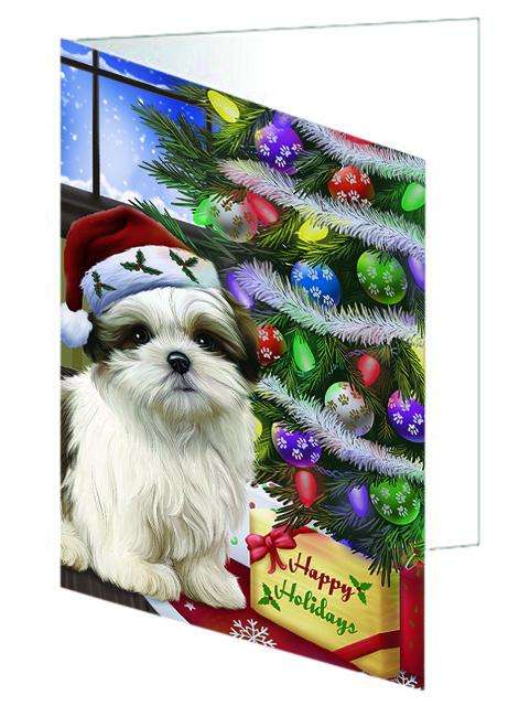 Christmas Happy Holidays Malti Tzu Dog with Tree and Presents Handmade Artwork Assorted Pets Greeting Cards and Note Cards with Envelopes for All Occasions and Holiday Seasons GCD64430