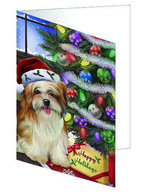 Christmas Happy Holidays Malti Tzu Dog with Tree and Presents Handmade Artwork Assorted Pets Greeting Cards and Note Cards with Envelopes for All Occasions and Holiday Seasons GCD64433