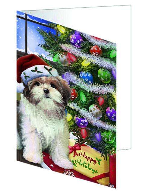 Christmas Happy Holidays Malti Tzu Dog with Tree and Presents Handmade Artwork Assorted Pets Greeting Cards and Note Cards with Envelopes for All Occasions and Holiday Seasons GCD64436