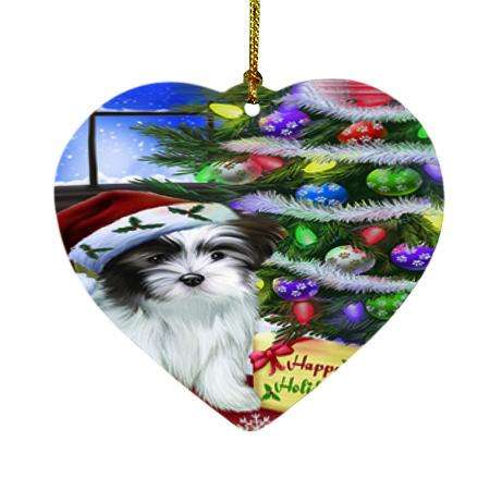 Christmas Happy Holidays Malti Tzu Dog with Tree and Presents Heart Christmas Ornament HPOR53466