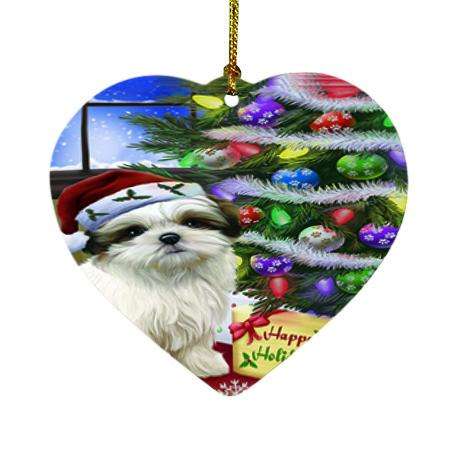 Christmas Happy Holidays Malti Tzu Dog with Tree and Presents Heart Christmas Ornament HPOR53467