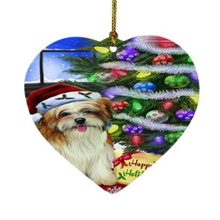 Christmas Happy Holidays Malti Tzu Dog with Tree and Presents Heart Christmas Ornament HPOR53468