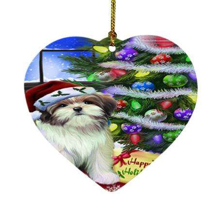 Christmas Happy Holidays Malti Tzu Dog with Tree and Presents Heart Christmas Ornament HPOR53469
