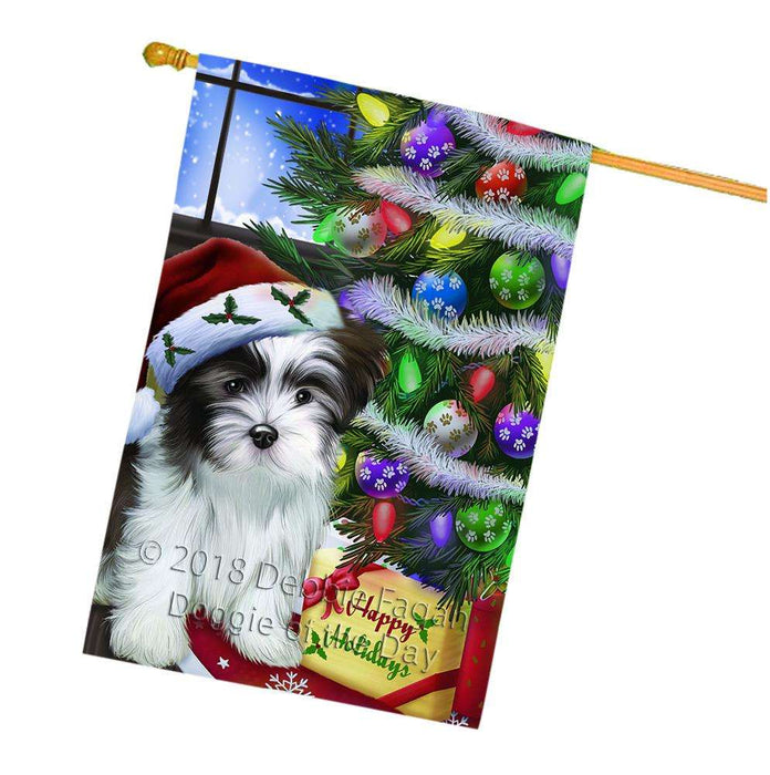 Christmas Happy Holidays Malti Tzu Dog with Tree and Presents House Flag FLG53664
