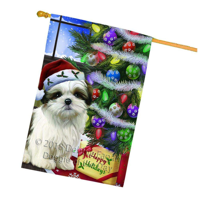Christmas Happy Holidays Malti Tzu Dog with Tree and Presents House Flag FLG53665