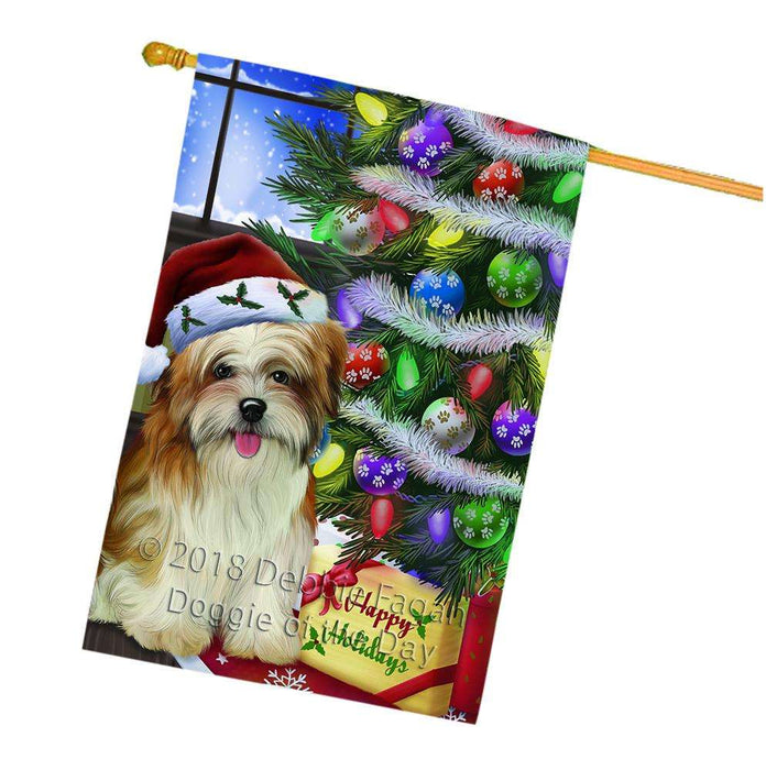 Christmas Happy Holidays Malti Tzu Dog with Tree and Presents House Flag FLG53666