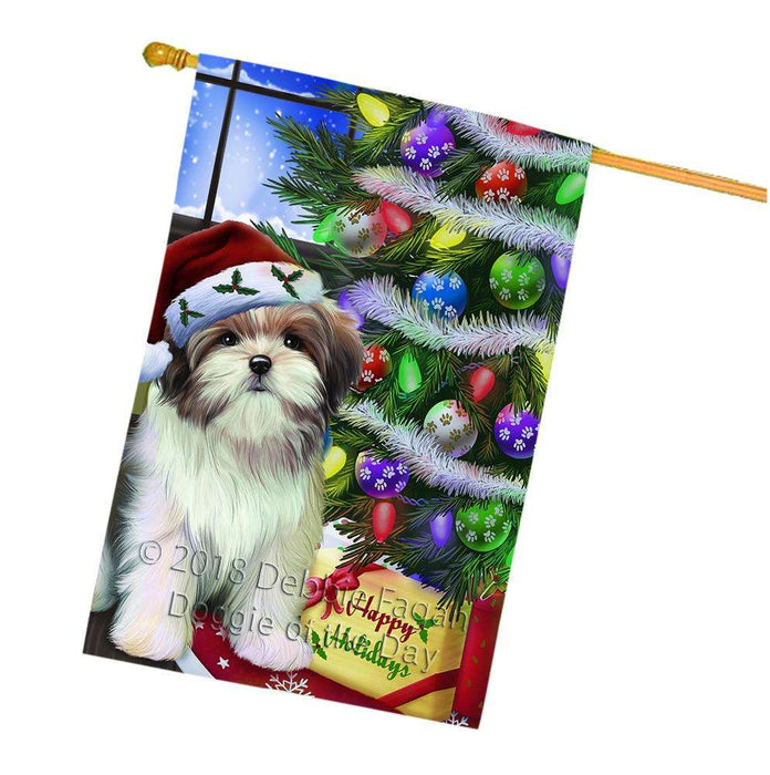 Christmas Happy Holidays Malti Tzu Dog with Tree and Presents House Flag FLG53667