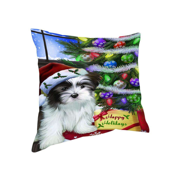 Christmas Happy Holidays Malti Tzu Dog with Tree and Presents Pillow PIL70488