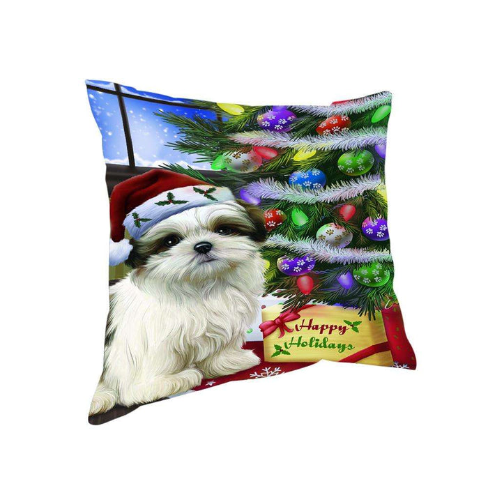 Christmas Happy Holidays Malti Tzu Dog with Tree and Presents Pillow PIL70492