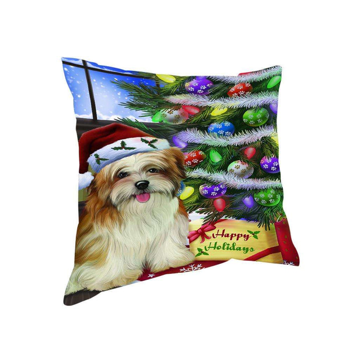 Christmas Happy Holidays Malti Tzu Dog with Tree and Presents Pillow PIL70496