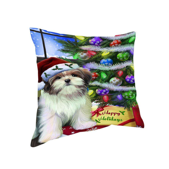 Christmas Happy Holidays Malti Tzu Dog with Tree and Presents Pillow PIL70500