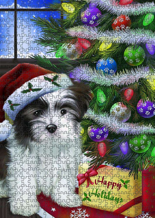 Christmas Happy Holidays Malti Tzu Dog with Tree and Presents Puzzle with Photo Tin PUZL81020